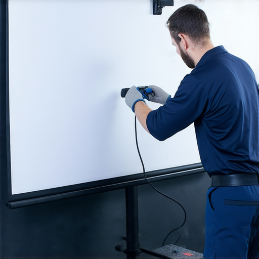 移動式投影幕展示，專業維修技術人員正在進行維修，提升視界體驗，確保投影效果最佳，讓觀賞更為精彩，揭開投影幕的秘密，優化畫質和聲音。