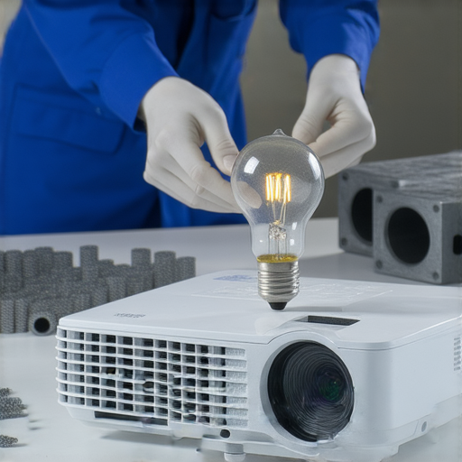 燈泡投影機維修示範，技術人員正在檢查與更換燈泡，讓影像重生，延長投影機壽命，揭示專業維護秘訣，確保品質影像和良好性能。