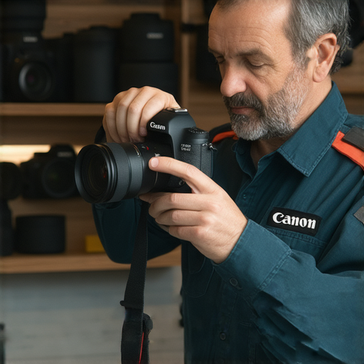 Canon相機維修服務專業技術人員正在檢查相機問題，提供針對Canon相機的解決方案，幫助用戶快速恢復攝影功能，展現專業維修的信心與可靠性。