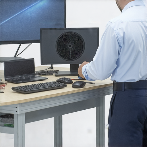 影機維修專家正在檢查光米投影機，確保其畫質清晰。維修工作區域擺放著工具與影機配件，強調專業技術與高清卓越畫質的重要性。