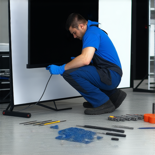 專業技術人員正在進行投影幕維修，展示高質感的視界改造過程，提供專業投影幕維修與服務，讓您的視覺體驗煥然一新。