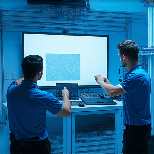 投影機升級之旅，專業維修服務展示，畫質升級過程中精確調整設備，專業技術人員專心維修，讓您體驗到高清晰度畫質提升秘訣。