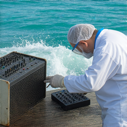 海水腐蝕造成擴音器失聲的情景，專業技師正在檢查設備，提供高效的維修服務，以恢復擴音器音效，防止腐蝕帶來的損害。