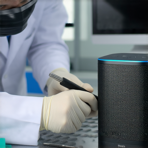 藍牙擴音器故障維修過程，展示專業工程師檢查設備，強調音質回春的重要性，精心修理中，背景有工具和設備，突顯角色與技術的結合。