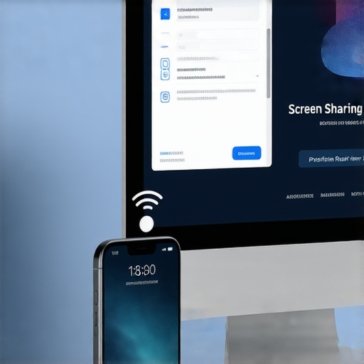 iPhone無線投影到電腦的示範畫面，顯示手機與電腦的屏幕共享功能，底部有專業維修服務標誌，強調簡單易用與高效能，吸引用戶了解更多資訊。