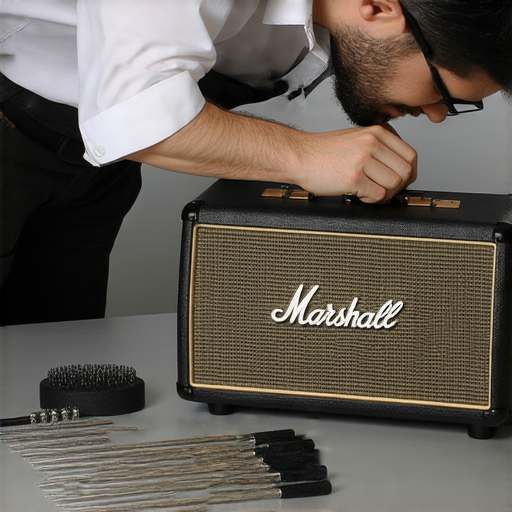 Marshall無線音響故障修復服務的專業技術人員正在檢查音響設備，展示工具與配件，強調及時維修的重要性，讓音樂重回每個熱愛音樂的心中。