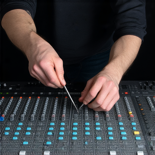 專業技術人員正在調整音響設備，提升音質效果，展現音響音質的秘密，讓音樂體驗顯著升級，使用傳統工具仔細維修，背景是高品質音響系統。