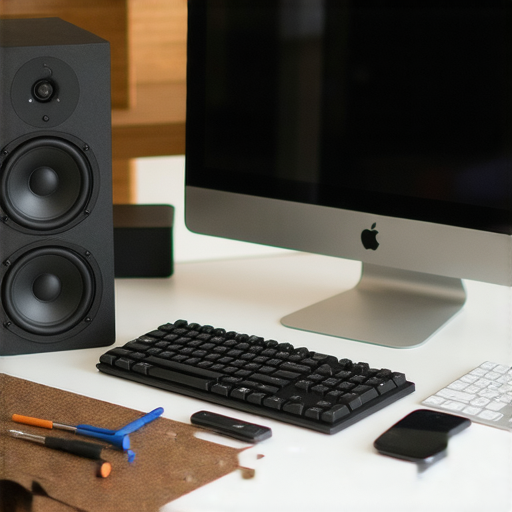 一位維修專家正在檢查電腦喇叭，修復過程中展示細聲問題的原因，旁邊擺放工具和電腦，揭開不為人知的秘密，提供解決之道。