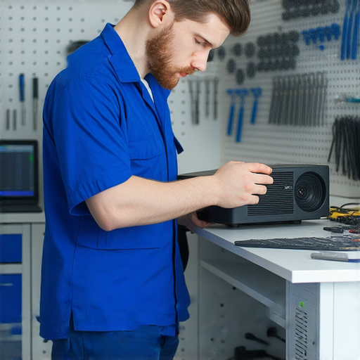 破解二手4K投影機的技巧與專業維修服務的介紹，展示圖像中有專業人士檢查投影機，周圍環繞著各種工具及配件，展現服務專業與產品質量的保障。