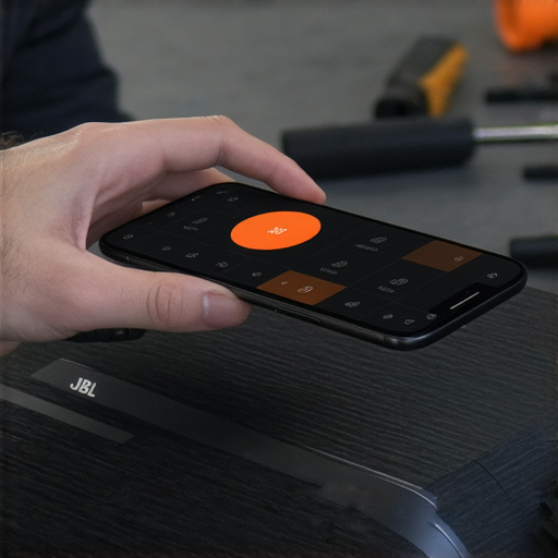 音響愛好者使用JBL APP提升音質的示範圖片，顯示應用界面和音效調整功能，同時介紹專業維修服務，帶來更佳音質體驗！