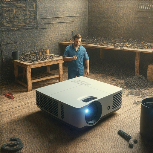 投影機維修服務展示，專業技術團隊正在檢查壞掉的投影機，旁邊顯示維修費用標籤，強調驚人的維修費用與服務品質。