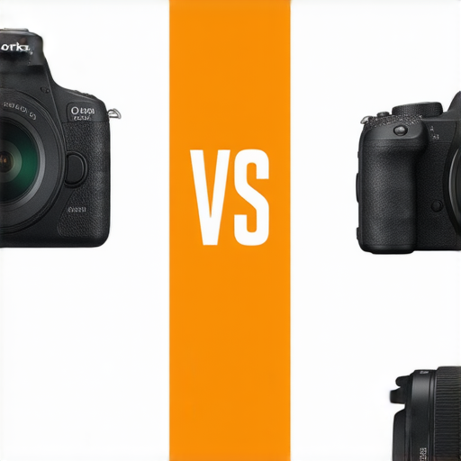 無反鏡頭與單反鏡頭對比圖，顯示兩種相機的外觀及特點，強調各自的優缺點，幫助攝影愛好者選擇更適合的相機，另有專業修護服務資訊。