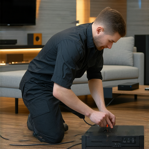 專業音響上門安裝服務示意圖，技術人員專注調整設備，確保最佳音質，讓客戶享受無界限的聆聽體驗，提供維修和安裝服務，提升聆聽享受。