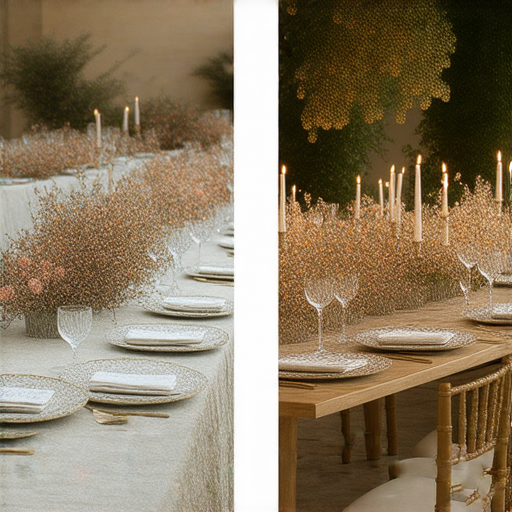 布餐枱轉變的前後對比，展示專業印刷服務的成品，營造獨特風格的餐桌佈置，色彩鮮豔與設計精美，突顯個性化與創意，讓用餐氛圍更具吸引力。