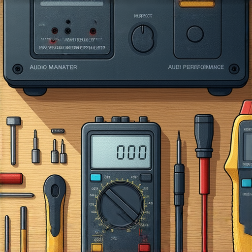音響設備維修秘訣圖示，顯示如何檢查和調整套裝音響以達最佳音質，包含維護工具與步驟，幫助用戶了解音響性能提升的重要性。