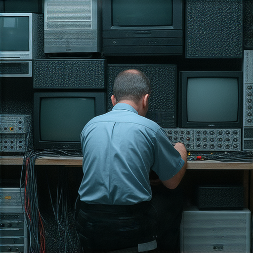 電視和投影設備的專業維修，展示技術人員維修過程中的工具和設備，背景中有各種電視和投影機，強調專業技巧及維修秘密，吸引讀者探索更多。