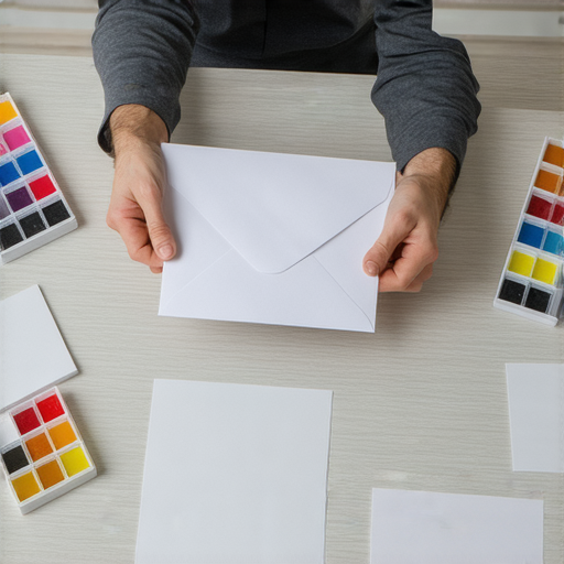 一位專業印刷服務人士正在揭開印尺信封，展示其印刷品質與細節，周圍環繞著各種印刷材料，傳遞探索專業印刷服務奧妙的氛圍。