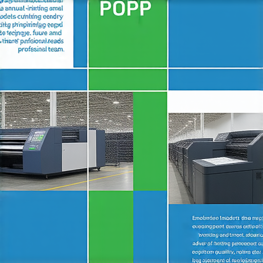 印刷行業全年報告封面，展示創新技術與專業服務，包含現代印刷設備與專業團隊，強調行業發展與未來趨勢，揭示印刷行業的秘密，吸引業界人士注意。