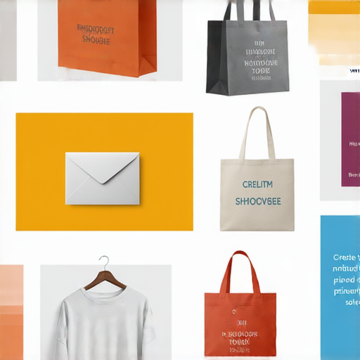 打造專屬印刷產品的展示圖，包括定制袋子、信封與衛衣，展示各種色彩與設計，展現無限創意可能性，吸引顧客探索個性化選擇。