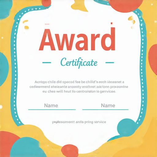 讓每個小朋友成為焦點的獨特獎狀圖片，展示專業的印刷服務，色彩繽紛且設計精美，適合各類活動，表彰孩子的成就與努力。