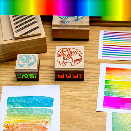 專業印刷服務展示，一位設計師在創作獨一無二的膠印章，桌面上的印刷工具與色彩繽紛的樣本，探索無限創意可能性，掌握專業印刷技術。