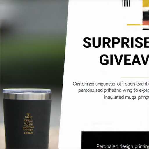 驚喜贈品活動，展示訂製保溫杯，上面有專業印刷服務的範例，吸引顧客體驗個性化設計，強調品質與創意。