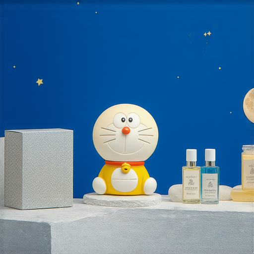 探索月球的秘密，多啦A夢的香氛贈品展示，色彩繽紛的包裝和定制專屬印刷品樣本，吸引眼球的產品設計讓愛好者心動不已，激發創意與想像力。