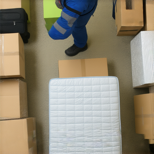 搬家過程中，專業打包床墊和登山裝備的秘訣，展示如何輕鬆運用搬屋服務，讓搬家變得更簡單，圖片中有專業人員正在整理行李並裝箱。