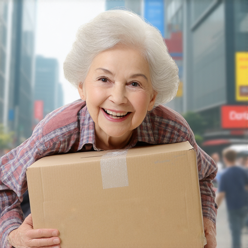 背著奶奶進城的少年，手中托著搬家箱，旁邊有愉快的搬屋服務團隊，背景是繁華的城市風景，展現出搬家變好玩的秘密，邀請大家來探索我們的專業服務。