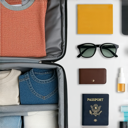 準備旅行的必備打包清單，展示旅行必需品的圖片，包羅行李箱、護照、衣物與洗漱用品，幫助搬屋與旅行之間的無縫接軌，讓旅程更順利舒適。