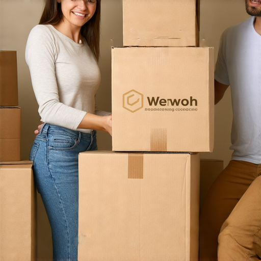 夫妻在整理家當，背景有搬屋箱子及搬家公司標誌，展示搬屋服務如何幫助他們輕鬆遷移，表達夫妻成長日記中打包背後的故事。