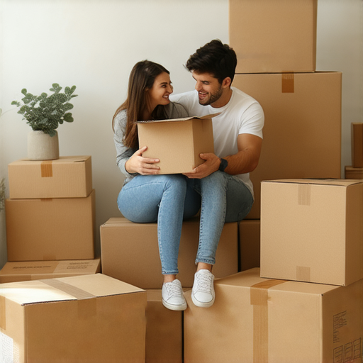 夫妻成長日記中的搬屋過程，展現打包背後的心路歷程，分享香港搬屋秘訣與技巧，圖片中展示夫妻合作打包，透過努力促進彼此成長與理解，同时体现亲密关系。