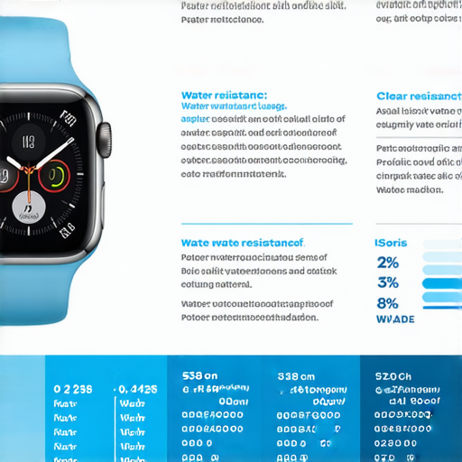 了解Apple Watch防水功能的示意圖，展示防水等級及使用情境，並介紹瀝青防水材料的應用技巧，包括防水效果和耐用性，強調運動及潛水時的防護效果。