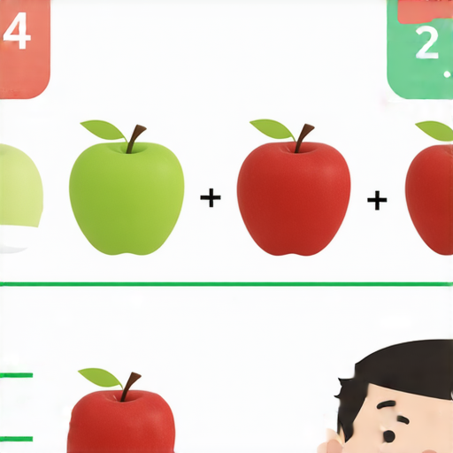 小明的加法題示例，內容為小明擁有7顆蘋果，後來又得到5顆蘋果，計算總數12顆蘋果的步驟，適合數學學習和加法練習。