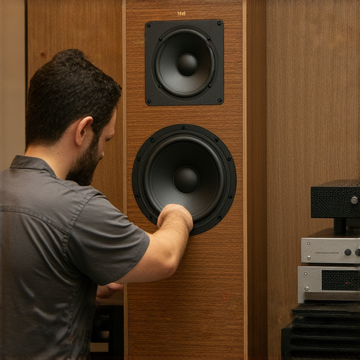 驚喜探索JMR喇叭的秘密，專業維修服務展示，顯示技術人員檢查喇叭，背景為音響設備，強調品質與專業。