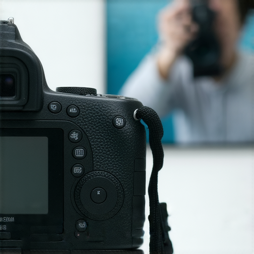 單反相機特寫，展示其精密部件與操作界面，背後隱約可見攝影師正在探索攝影世界，強調我們的專業維修服務及保養的重要性。