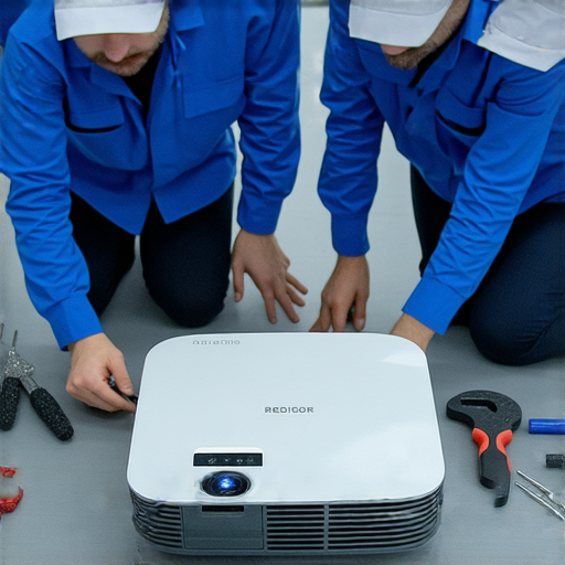 無線投影機維修服務專業團隊正在檢查投影機，提供快速有效的維修方案，讓用戶的投影體驗重回巔峰，提升視聽效果，恢復正常功能。