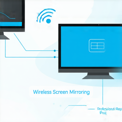 電腦無線投屏到電視的過程，顯示連接界面及屏幕畫面，讓用戶了解背後技巧，並提供專業維修服務的標誌，探索更多無線投屏的應用。