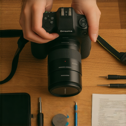 專業攝影師正在仔細檢查相機，旁邊擺放著工具和維修手冊，展現如何透過專業維修拯救攝影夢，維護相機性能，讓你的相機不再哭泣。