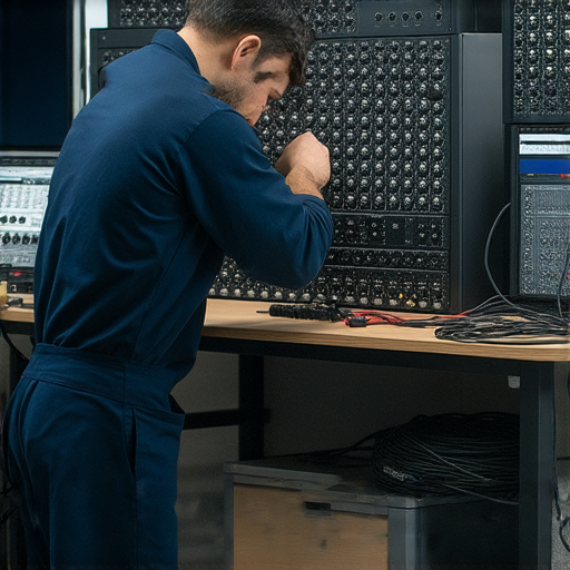 音響設備故障維修服務專業技術人員正在檢查音響機器，幫助客戶重拾音樂夢想，立即聯繫我們以獲取專業維修服務，讓音響恢復最佳聲音質量。