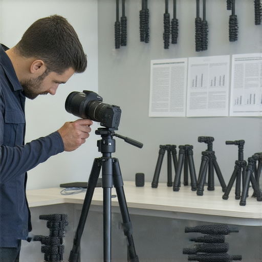 相機腳架維修過程，專業技術人員正在檢查腳架穩定性，旁邊擺放著不同類型的相機腳架，展示選擇與維護的全指南，提升拍攝效果和質量。
