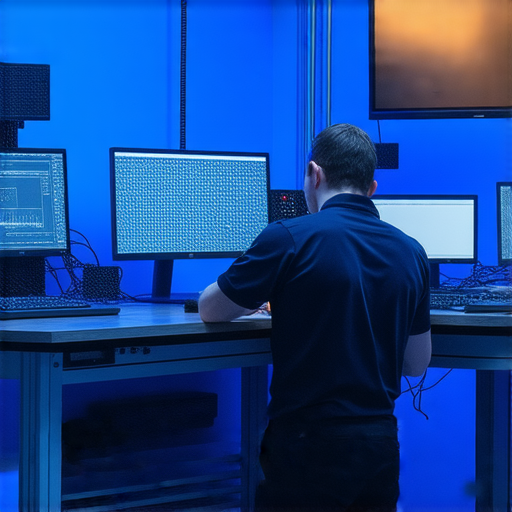 揭秘布幕背投影的專業維修服務，提升視聽體驗的技術示範，展示維修過程中的設備和專業人員，亮顯技術細節與服務品質。