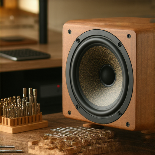 一位技術專家正在檢查損壞的音箱，工具擺放整齊，在桌面上放著音響喇叭，展示喇叭修理的技巧，讓音樂重回生活，讓音箱恢復正常運作。