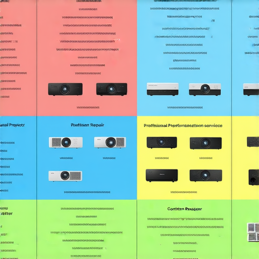 投影機的展示圖，包含不同型號與配置比較，強調優質與低劣投影機的差異，並提及專業維修服務，探索投影機潛力與性能的關鍵因素。
