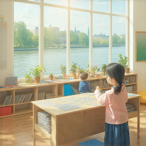 探索魔法與影像的秘境，萊恩幼稚園外籍老師在教室中帶領孩子們學習英語，背景是美麗的萊茵河，營造出充滿魅力的學習環境。