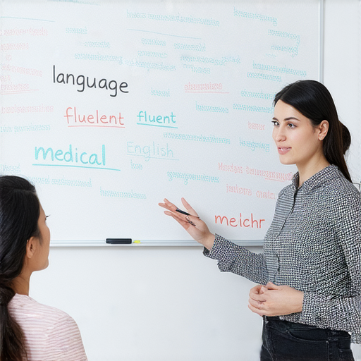 外籍老師一對一教學，幫助學員流利說醫療英語，圖片展示學生與老師互動的情景，強調個性化學習與專業語言指導的優勢。