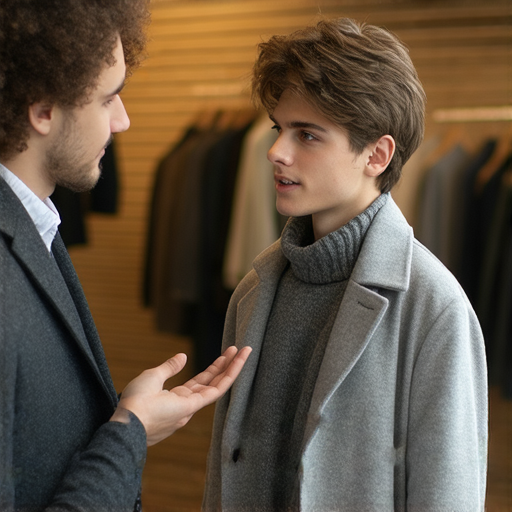 一位學生正在與外籍老師進行一對一英文學習，討論毛呢大衣的英文表達，背景中展示毛呢大衣的款式，環境舒適。