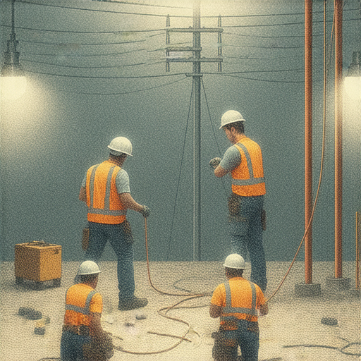 24小時電力維修服務圖示，展示電工專業團隊正在進行停電檢修，工具和設備齊全，確保迅速恢復電力，傳達解決方案的可靠性與專業性，讓顧客安心。