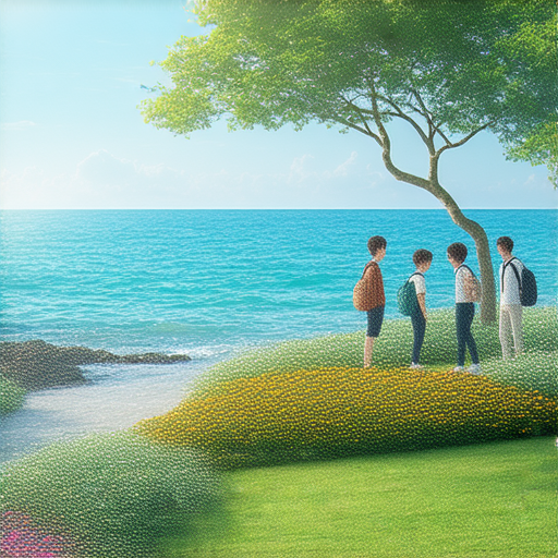 在海濱公園與花園的美麗景色中，學員與外籍英文老師互動，提升英文口說能力的學習場景，帶來輕鬆愉快的學習體驗。