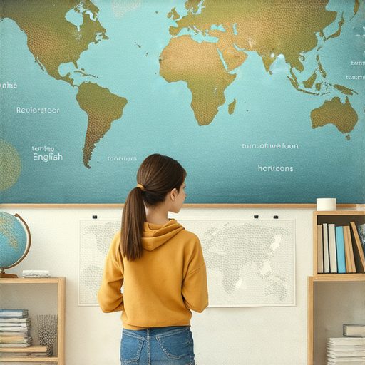 外籍老師與學生進行一對一的英語教學，畫面展現輕鬆互動的學習氛圍，強調重溫英文和開啟新視野的主題，吸引學習者探索更多學習機會。